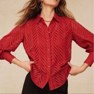 Chicos Womens 16 Poplin Cutwork Shirt Button Front Long‎ Sleeve Rust Orange